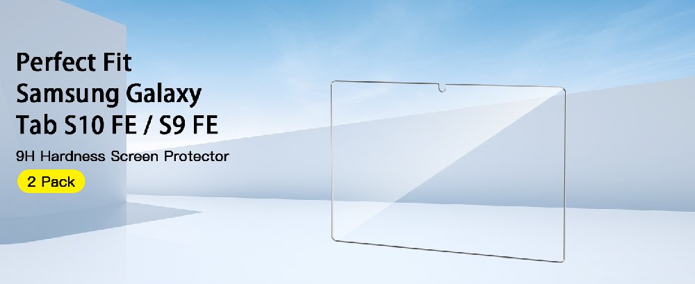 Transparent screen protector for Samsung Galaxy Tab S10 FE / S9 FE. 9H hardness, 2-pack. Rectangular shape with rounded corners, reflecting light.